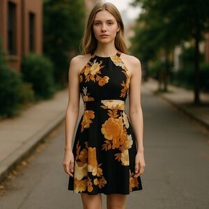 Christopher & Banks Dress Womens 12 Autumn Floral Blue Yellow Work Office Church